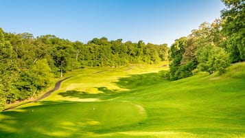 Experience golfing amidst lush greenery and undulating terrain, with mature trees and a serene natural backdrop.