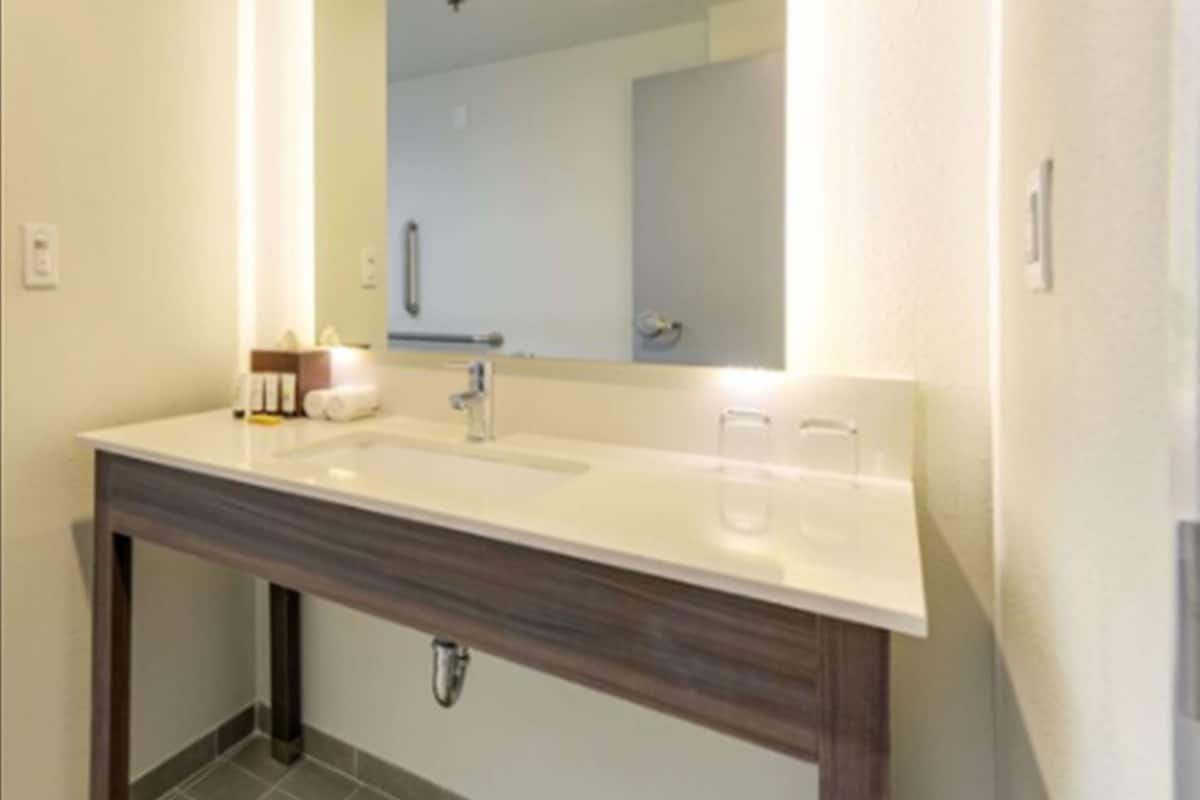 combined shower/bathtub, free toiletries, hair dryer, towels