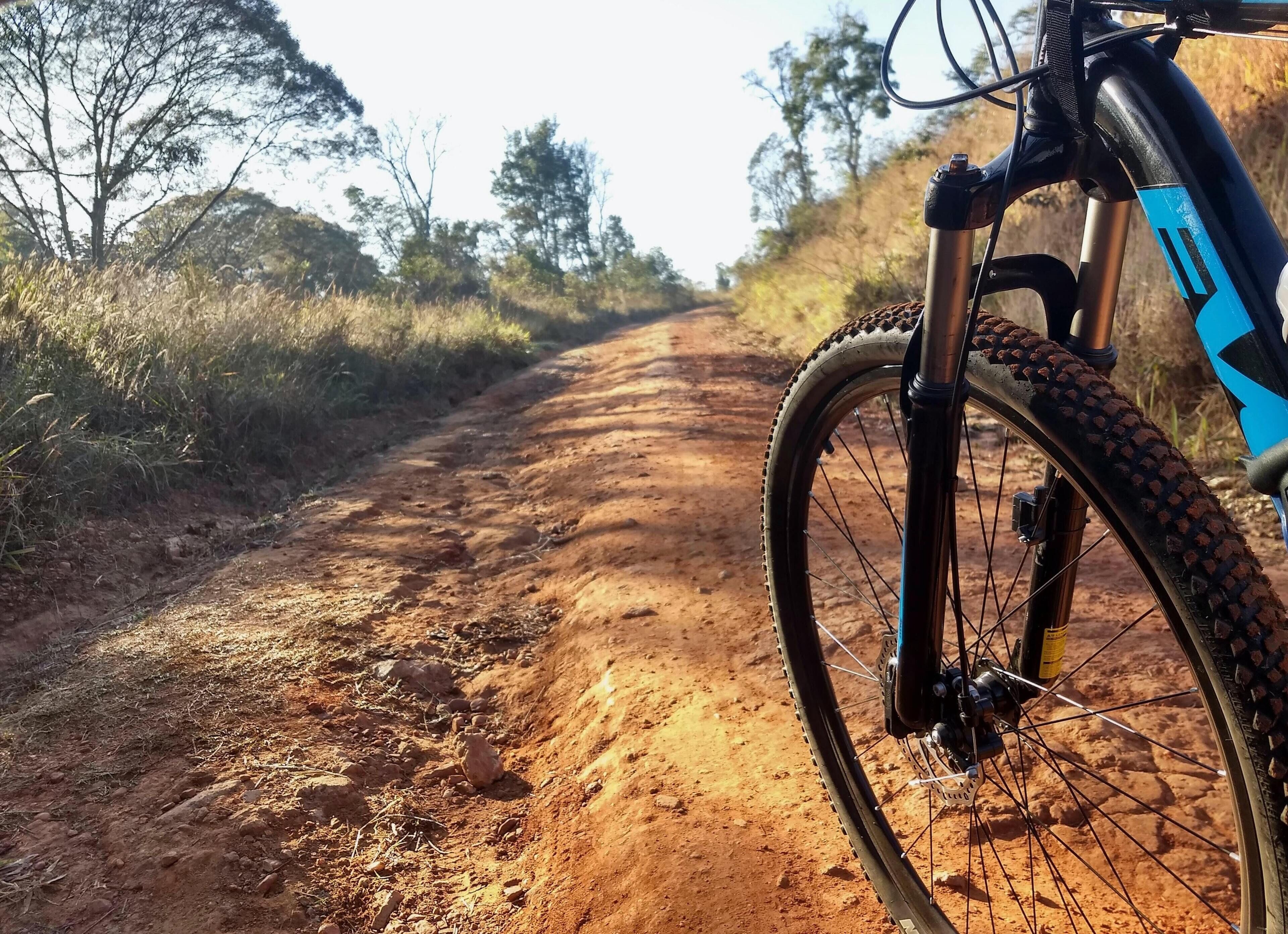 A dirt path with a bicycle wheel in the foreground.