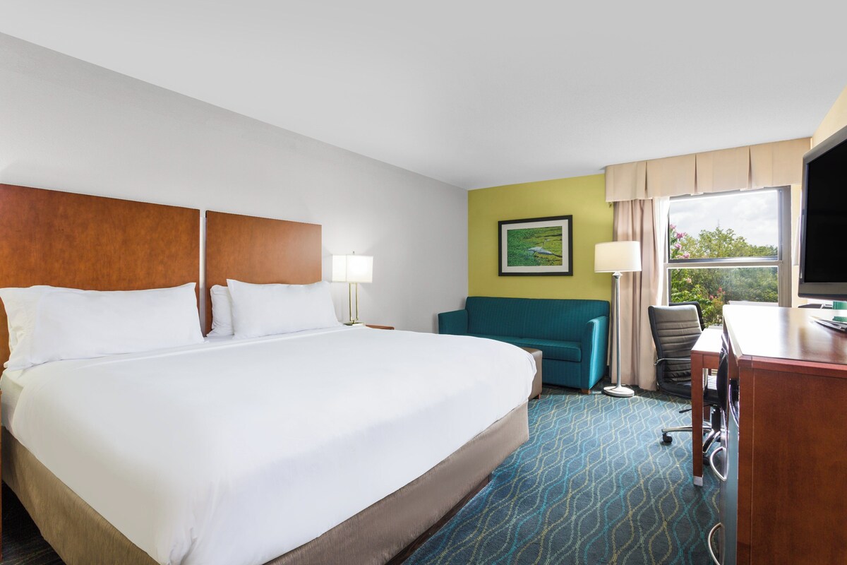 A hotel room with a large bed, a desk, a chair, and a television.