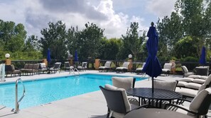 Seasonal outdoor pool, open 9:00 AM to 9:00 PM, sun loungers