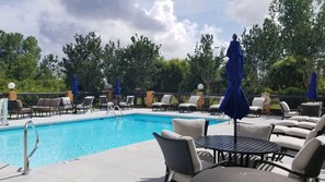 Seasonal outdoor pool, pool loungers