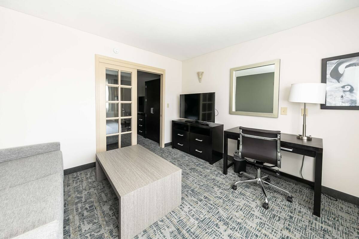 Una habitació d'hotel amb un llit, un escriptori amb una cadira, una televisió, una làmpada i una porta que dona a un bany.