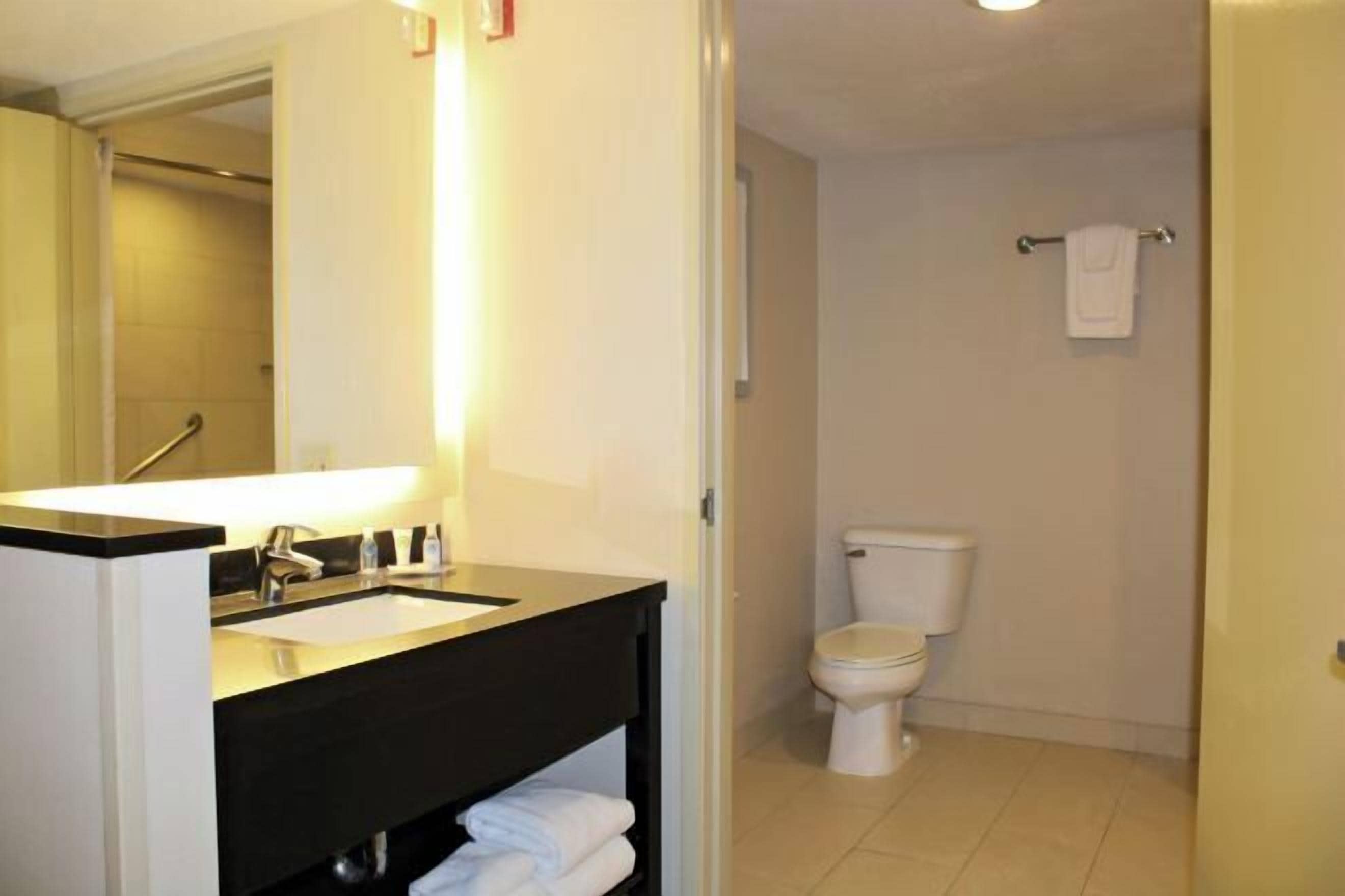 Combined shower/tub, free toiletries, hair dryer, towels