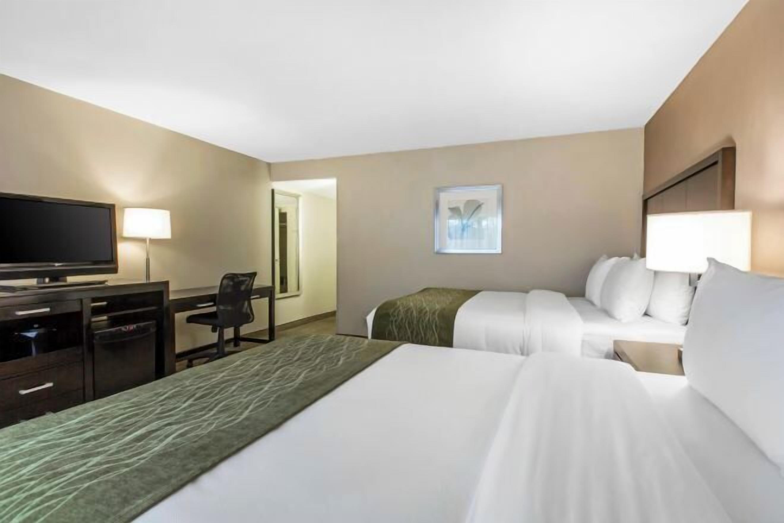 Premium bedding, desk, laptop workspace, blackout drapes