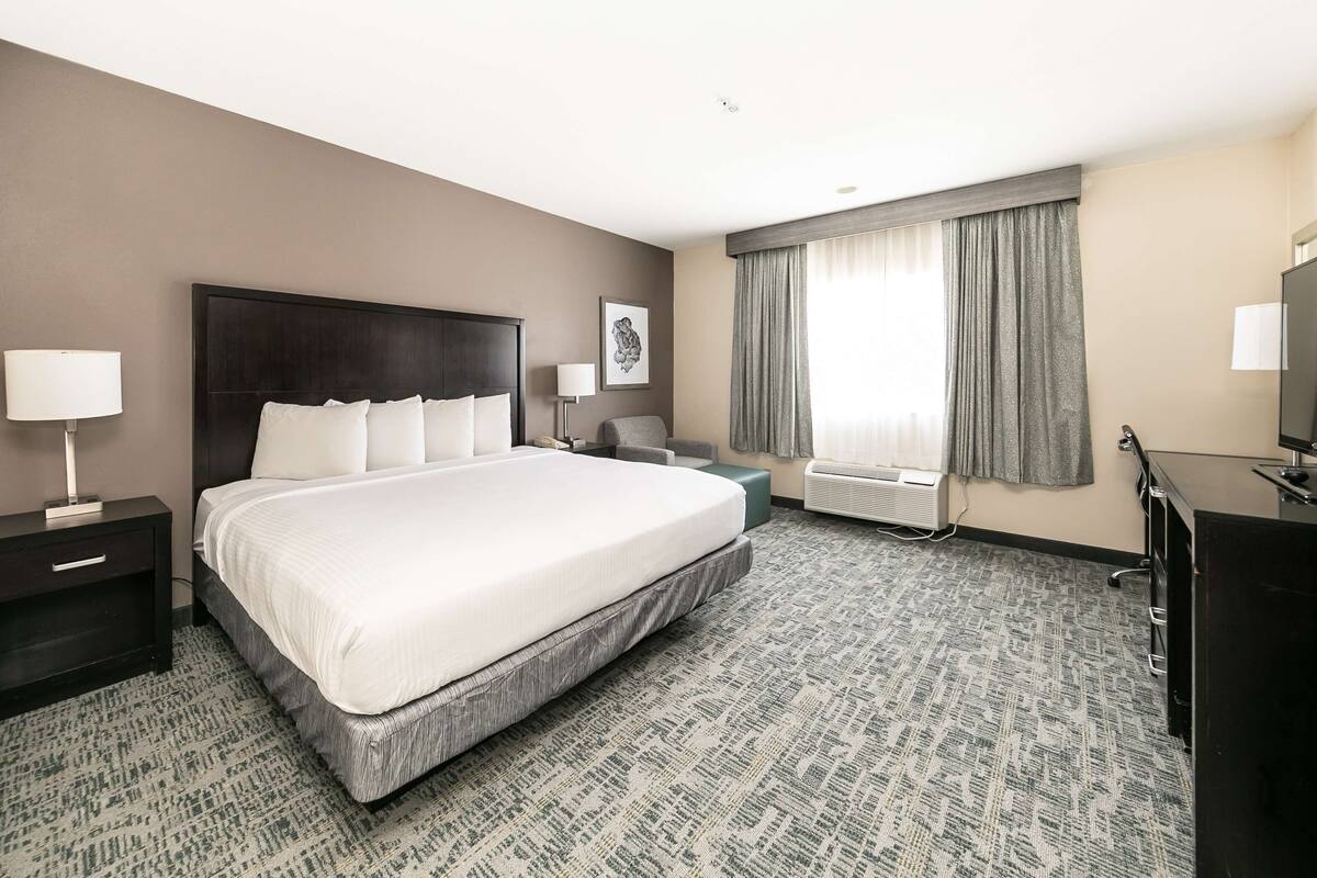 Habitació d'hotel amb un llit gran, una taula de treball, una cadira, una làmpada, una finestra amb cortines i un aparell d'aire condicionat.