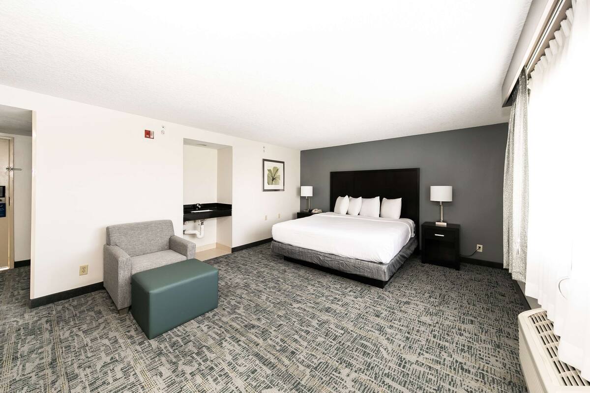 Habitació d'hotel amb un llit gran, un sofà gris, una taula petita i una catifes gris.