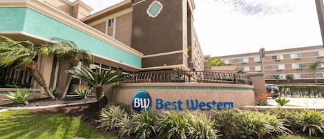 A Best Western hotel with a large sign, a landscaped garden, and a brick facade.