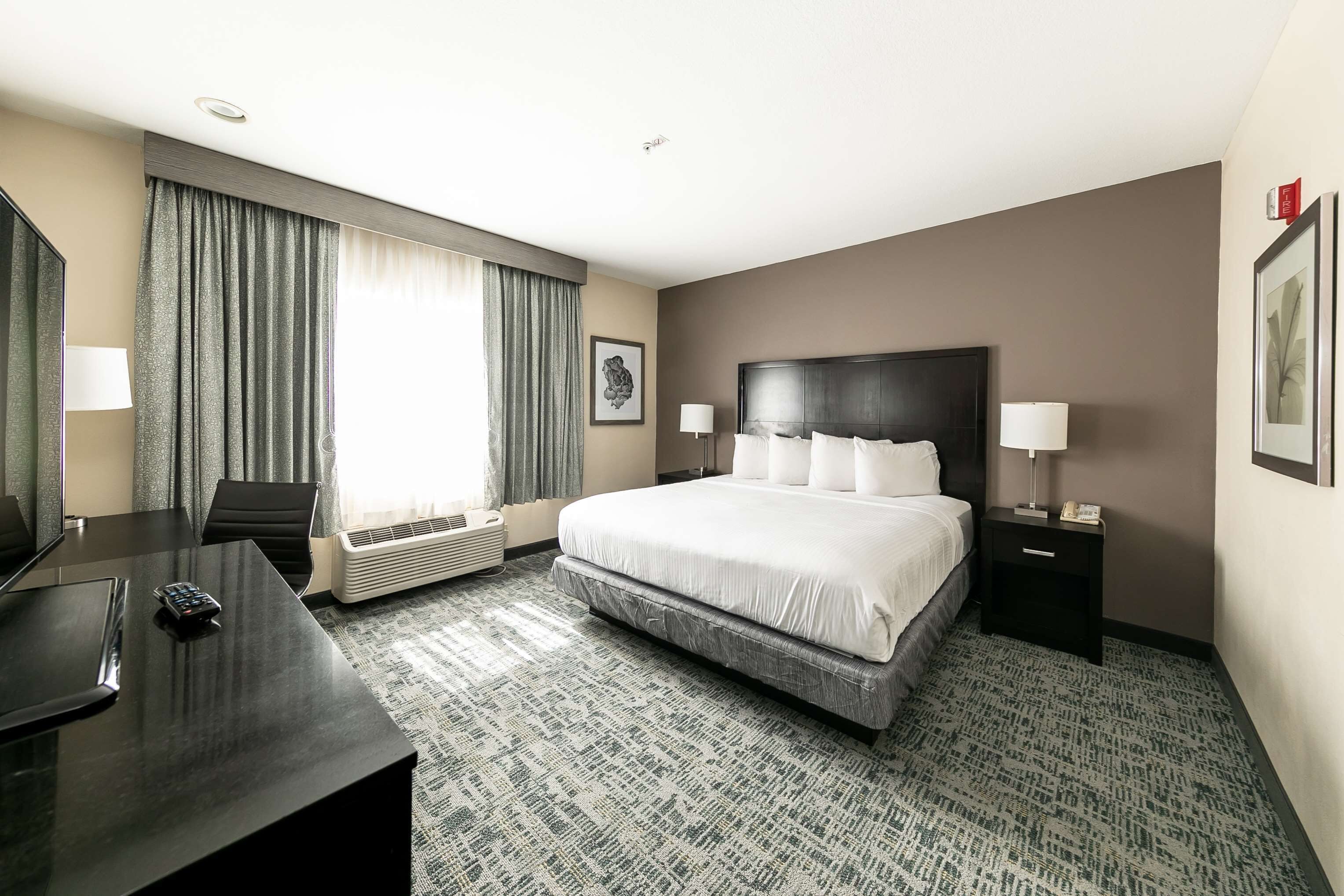 Habitación de hotel con una cama grande, un escritorio y una silla. Tiene una ventana con cortinas, un televisor de pared y un cuadro enmarcado.