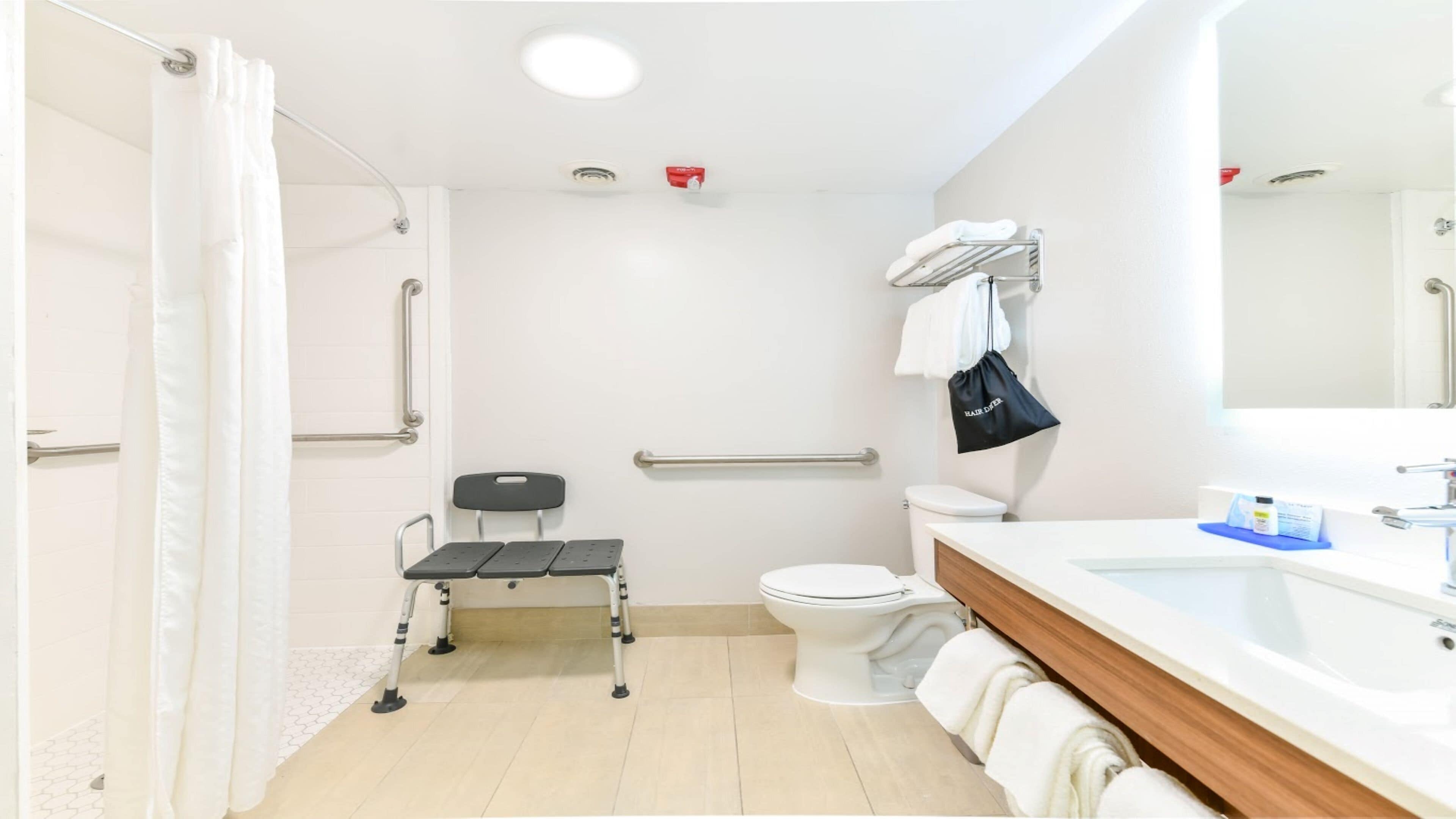 combined shower/bathtub, free toiletries, hair dryer, towels