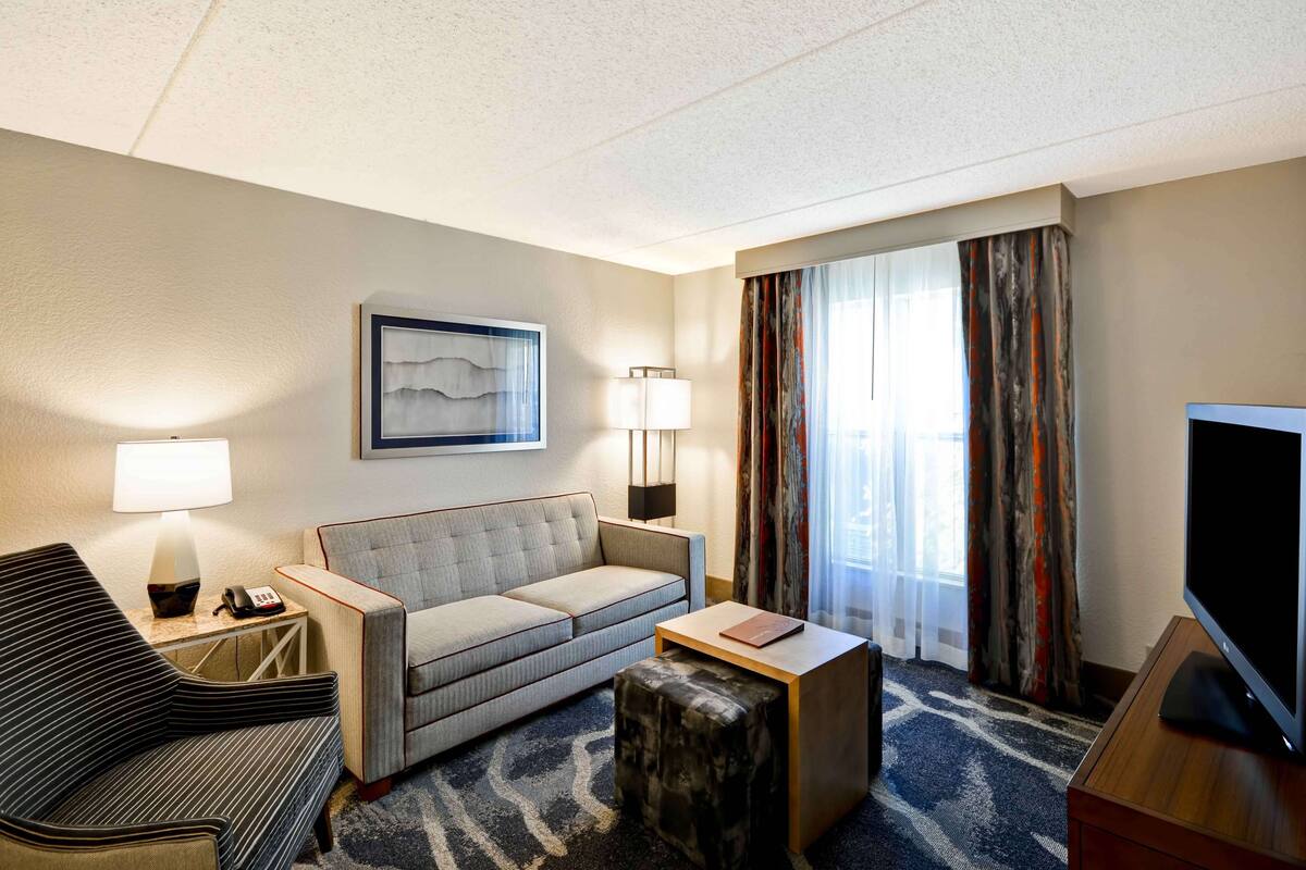 A hotel room with a sofa, a chair, a small ottoman, a TV, a lamp, and a painting on the wall.