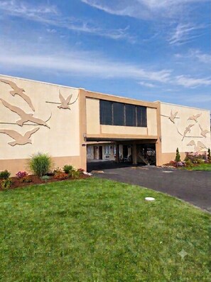 A building with a modern design, featuring a large entrance and a mural of flying birds on the facade.