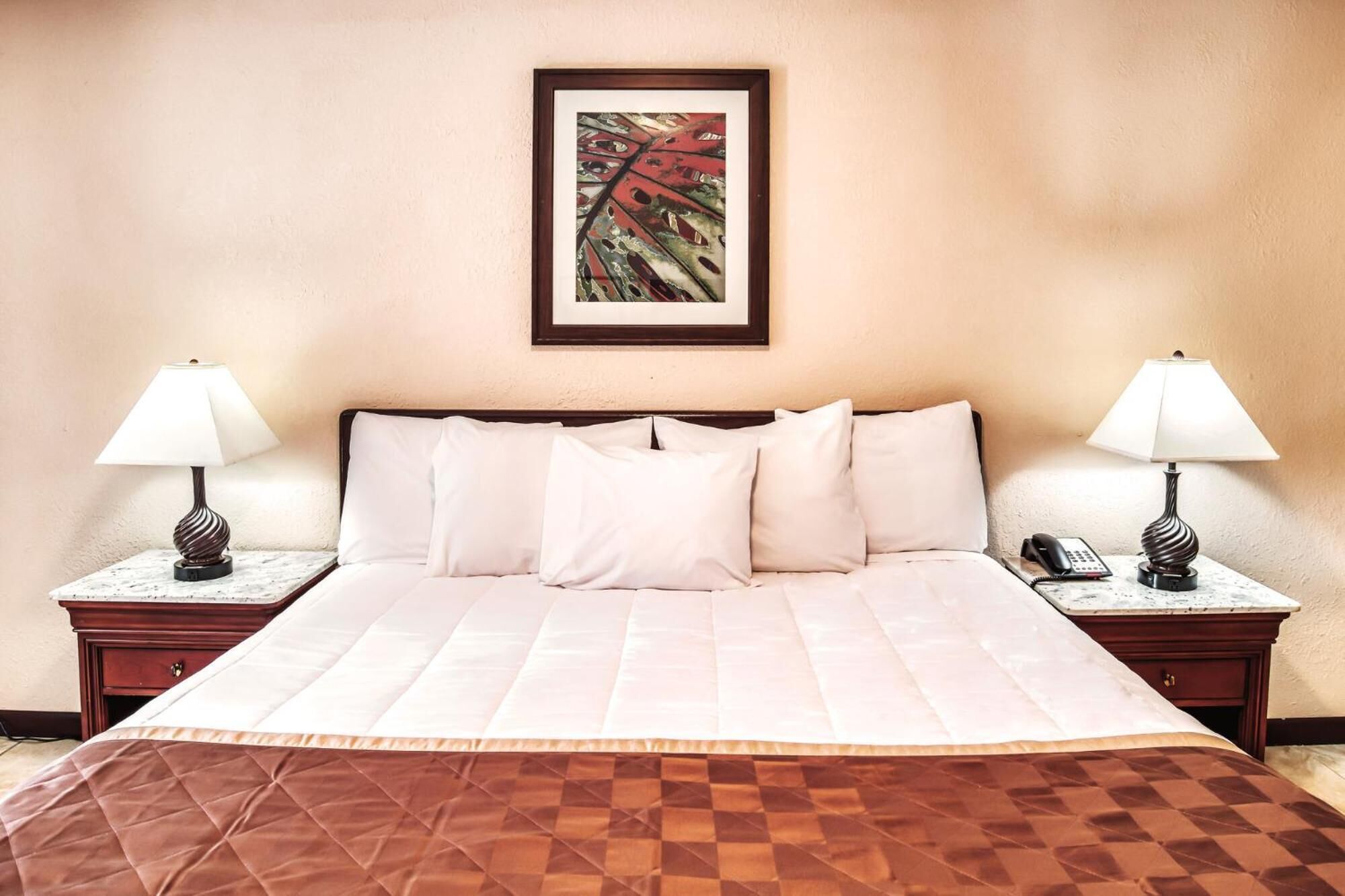 A hotel room with a large bed, two bedside lamps, a framed artwork on the wall, and a telephone on the nightstand.