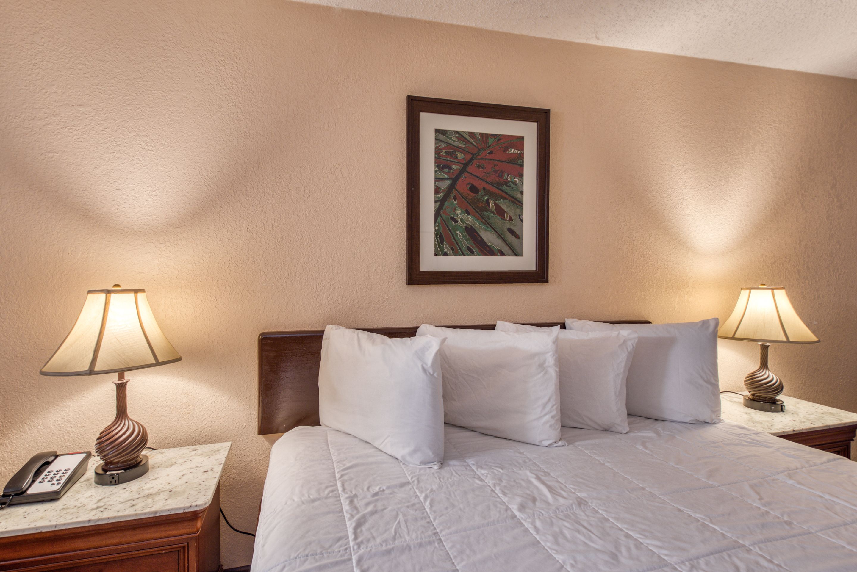 A hotel room with a bed, two bedside tables, a telephone, and two lamps.