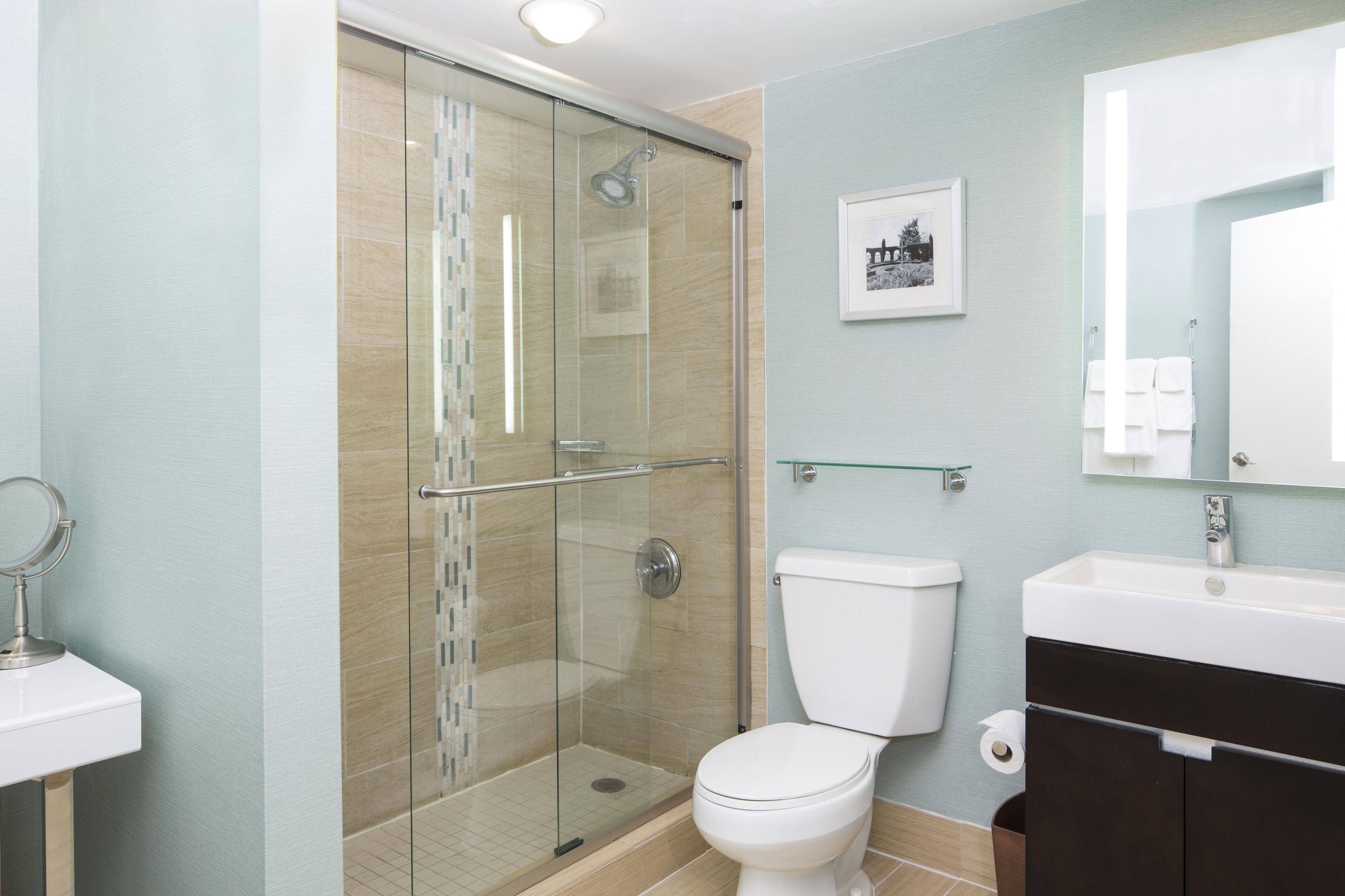 A bathroom with a glass-enclosed shower, a toilet, a sink, and a mirror.