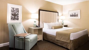 Habitación de hotel con cama, una silla, mesita de noche, lámpara y dos cuadros en las paredes.