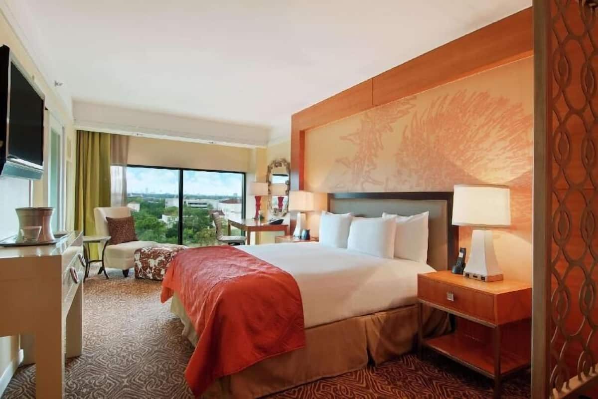 A hotel room with a large bed, a desk, a chair, a TV, and a view of the outdoors.