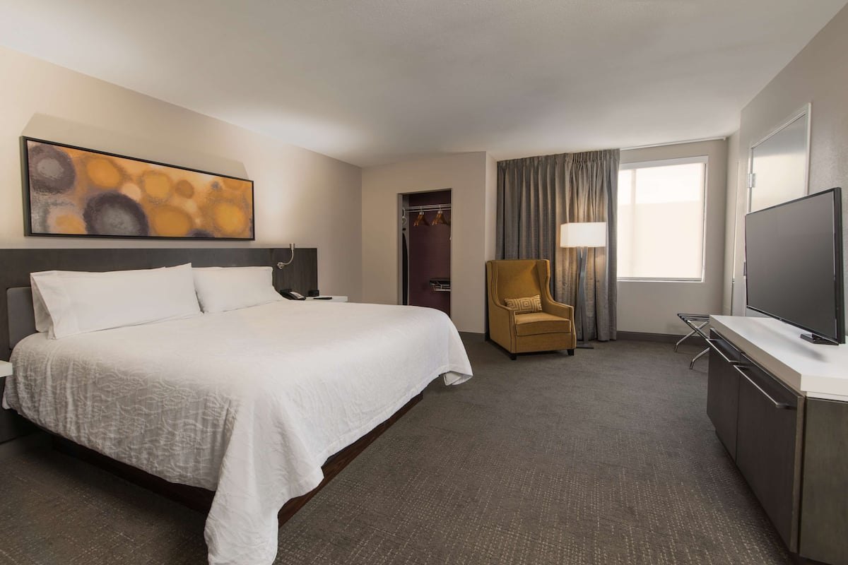 Una habitación de hotel con una cama grande, televisión, una silla y un armario.