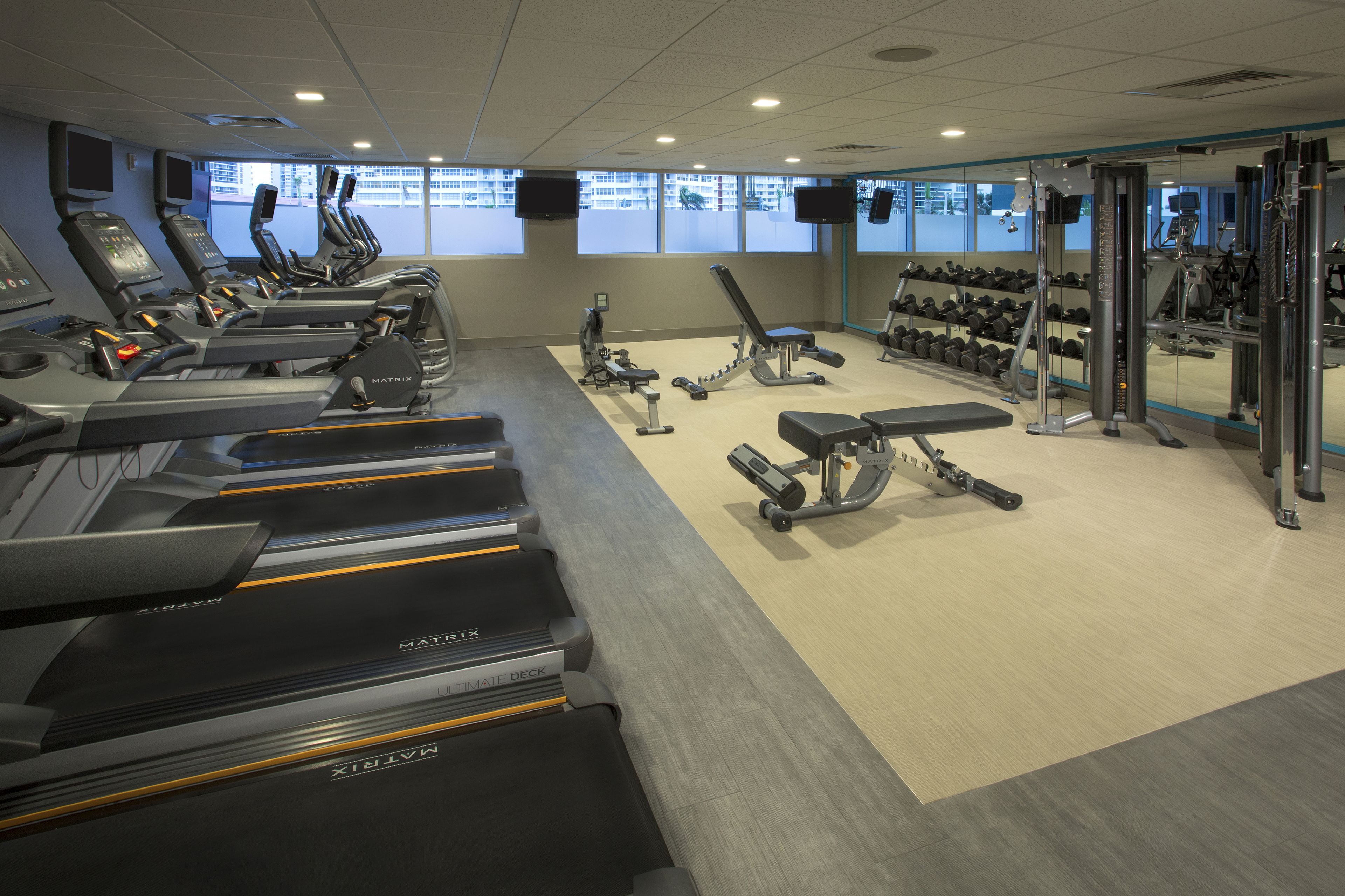 A gym with treadmills, weight machines, and dumbbells.