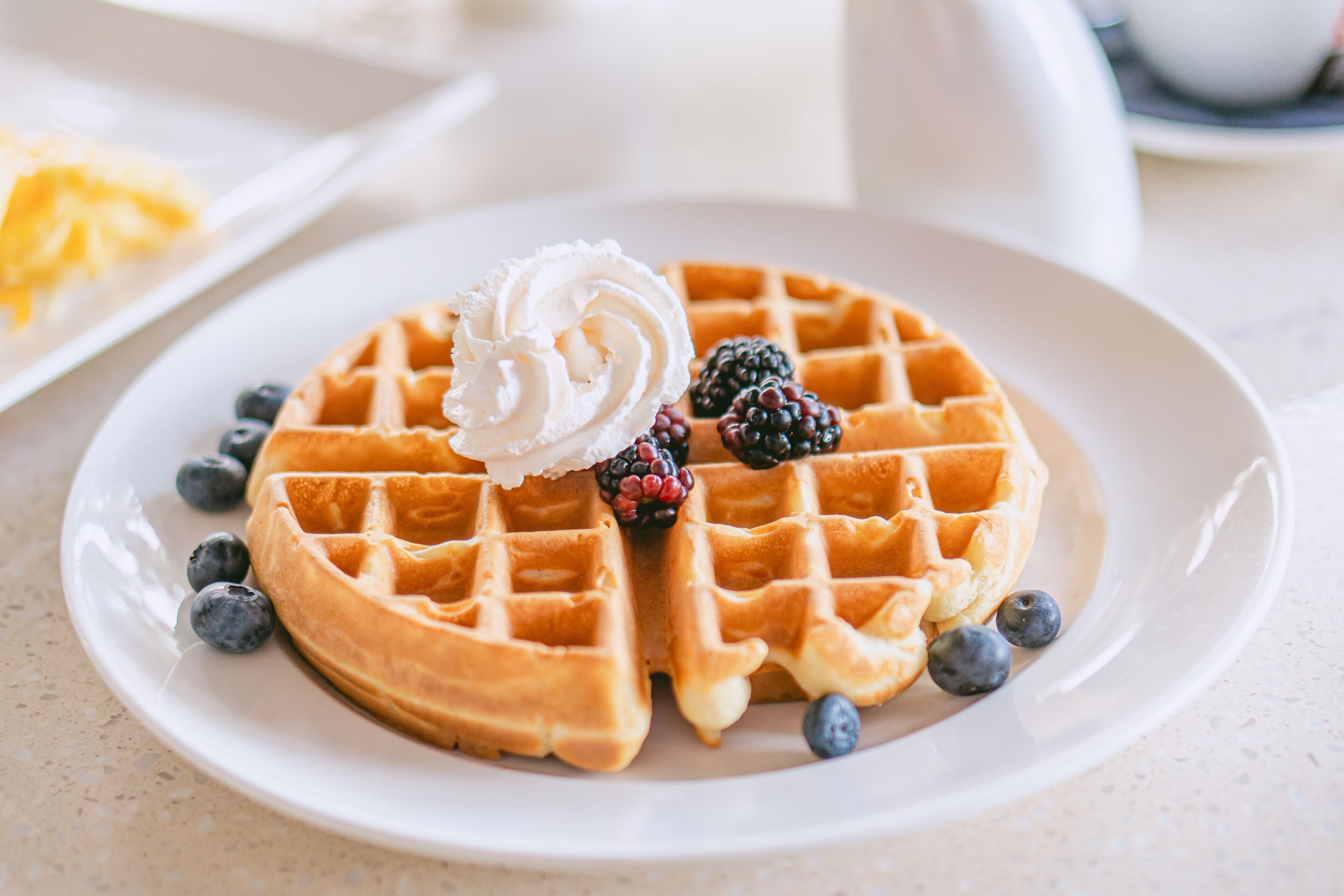 Une assiette avec un gaufre, de la crème fouettée, des myrtilles et des mûres.