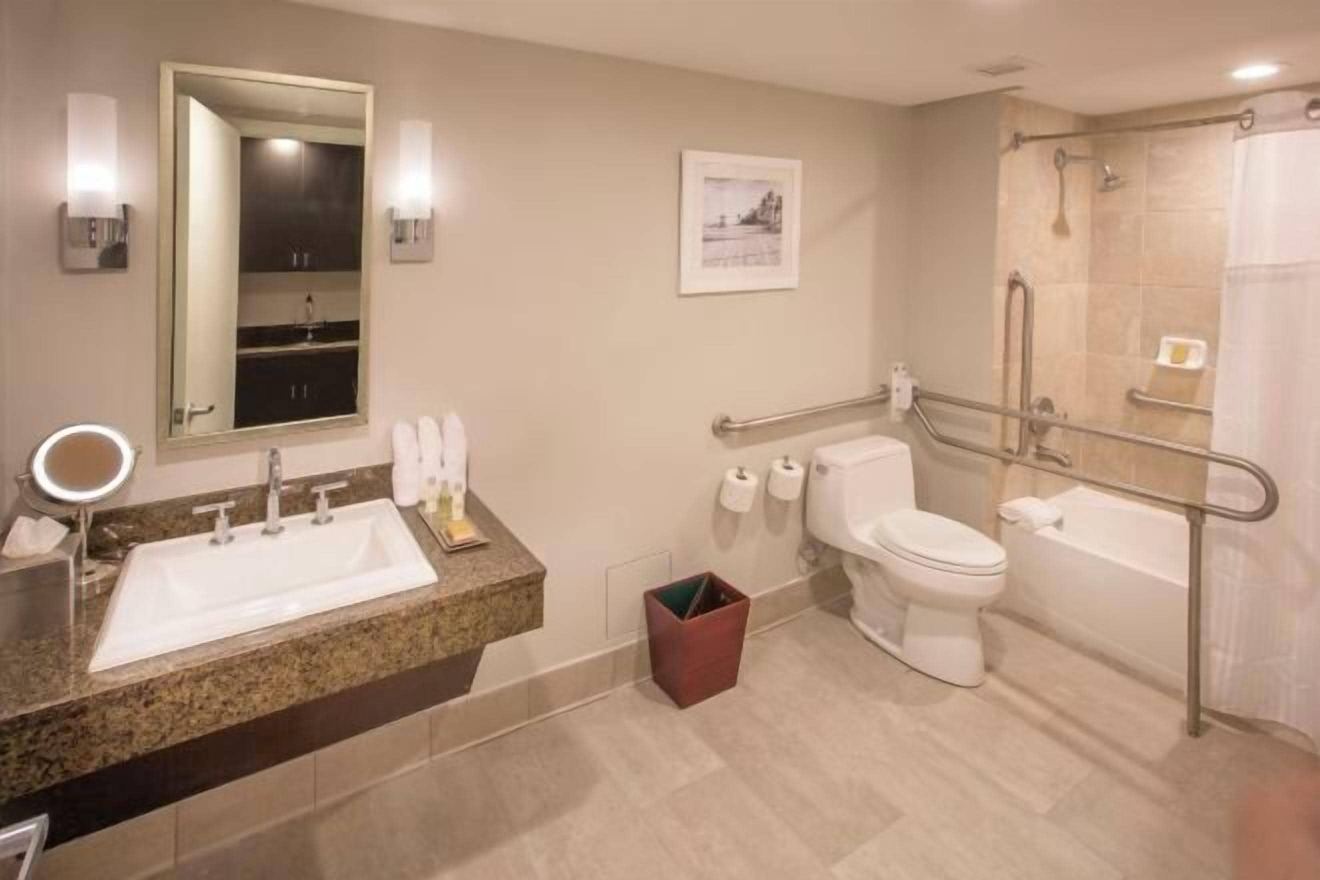 Eco-friendly toiletries, hair dryer, towels