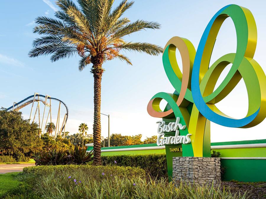 Señal de Busch Gardens Tampa Bay, con una montaña rusa al fondo.