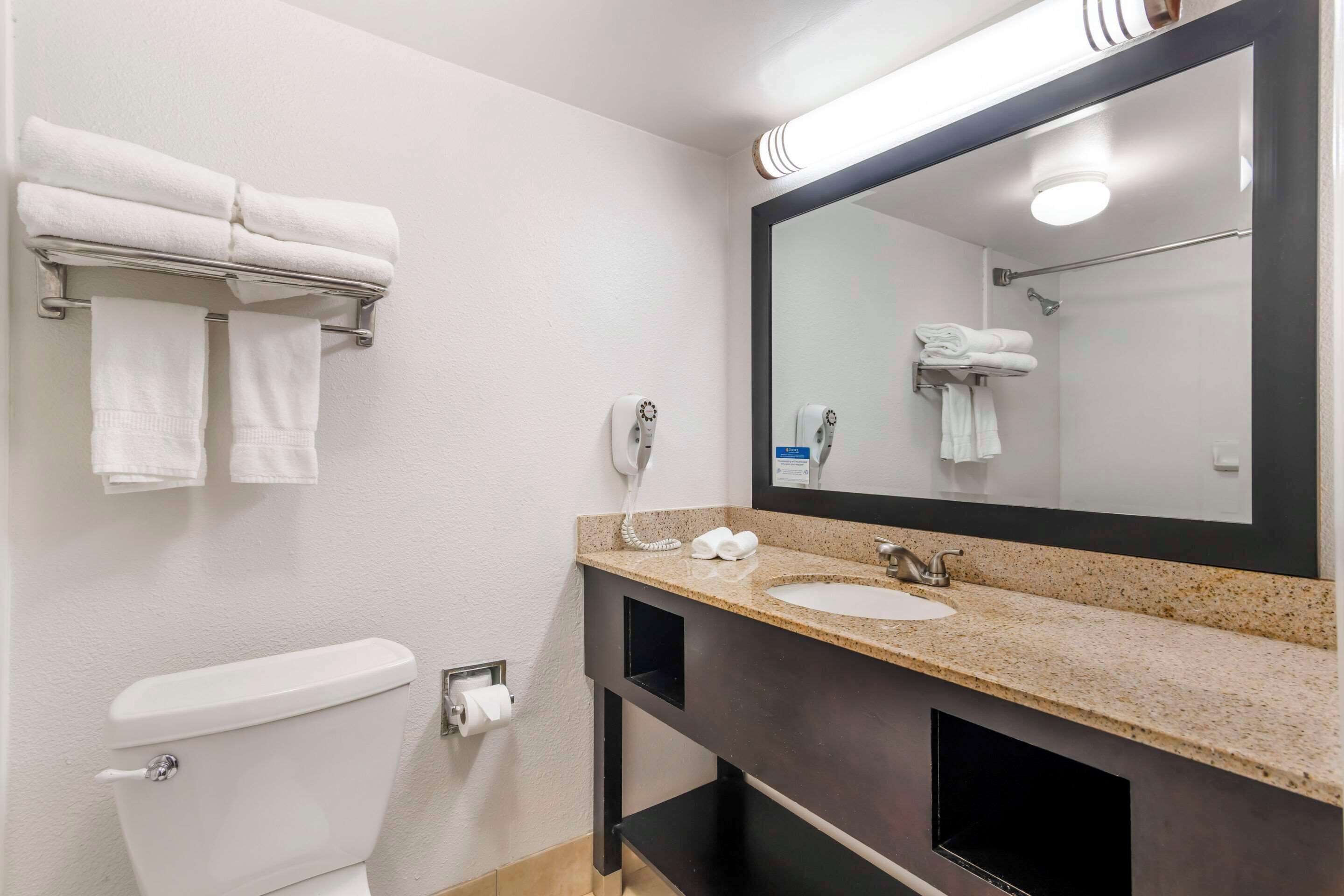 Ein modernes Badezimmer mit Toilette, Waschbecken und großem Spiegel.