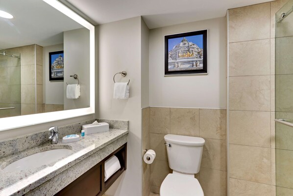 Baño con lavamanos, espejo, inodoro y ducha.