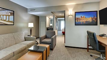 1 bedroom, desk, blackout drapes, iron/ironing board