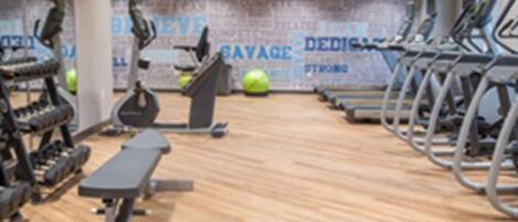A gym with treadmills, stationary bikes, and weight machines.