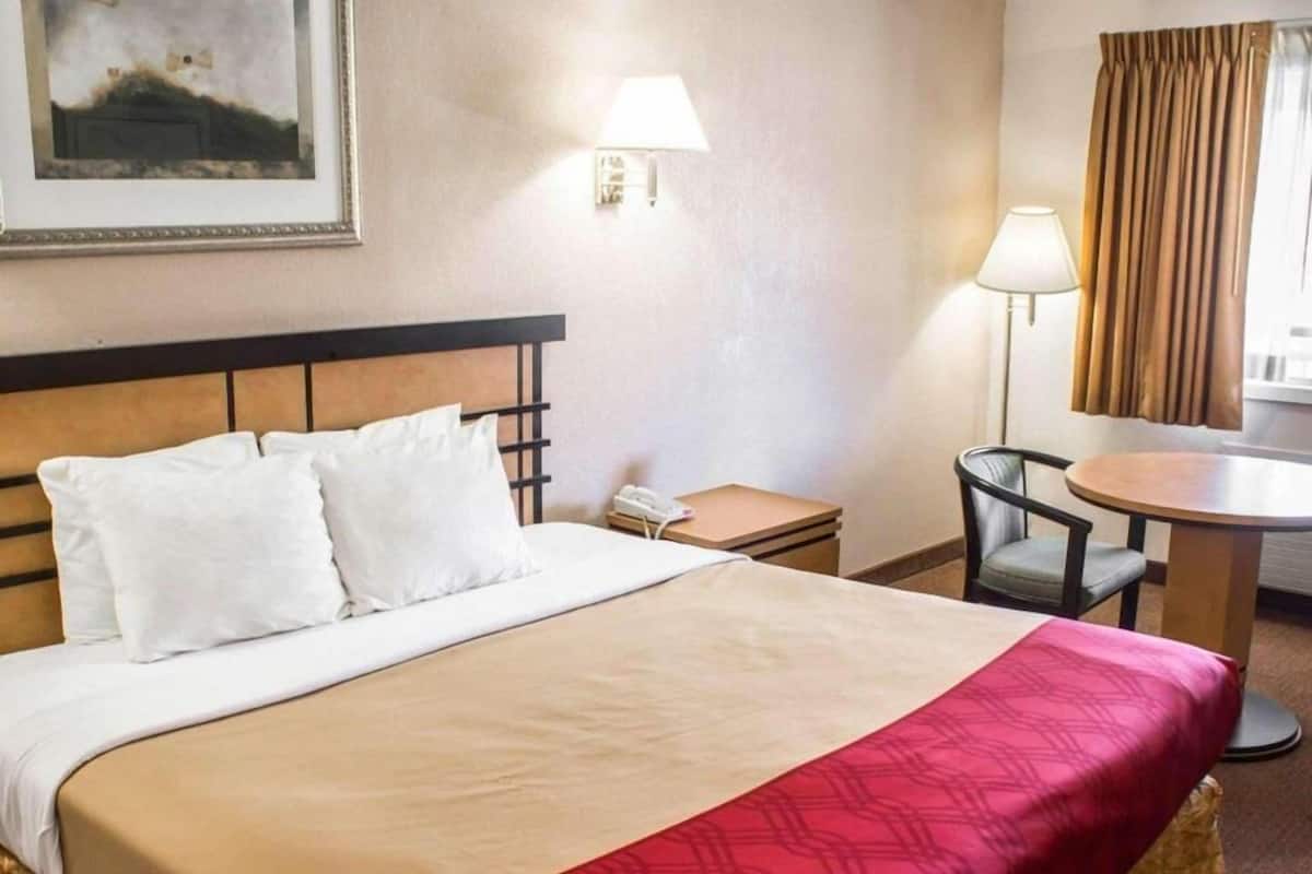 A hotel room with a bed, bedside table, lamp, chair, and a painting on the wall.