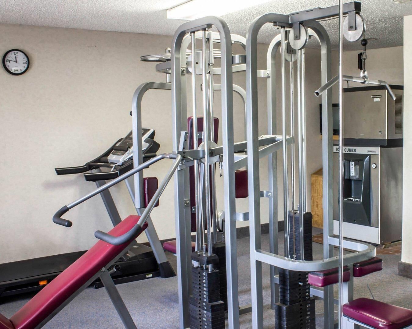 Et fitnessrum med træningsudstyr, løbebånd og en vanddispenser.