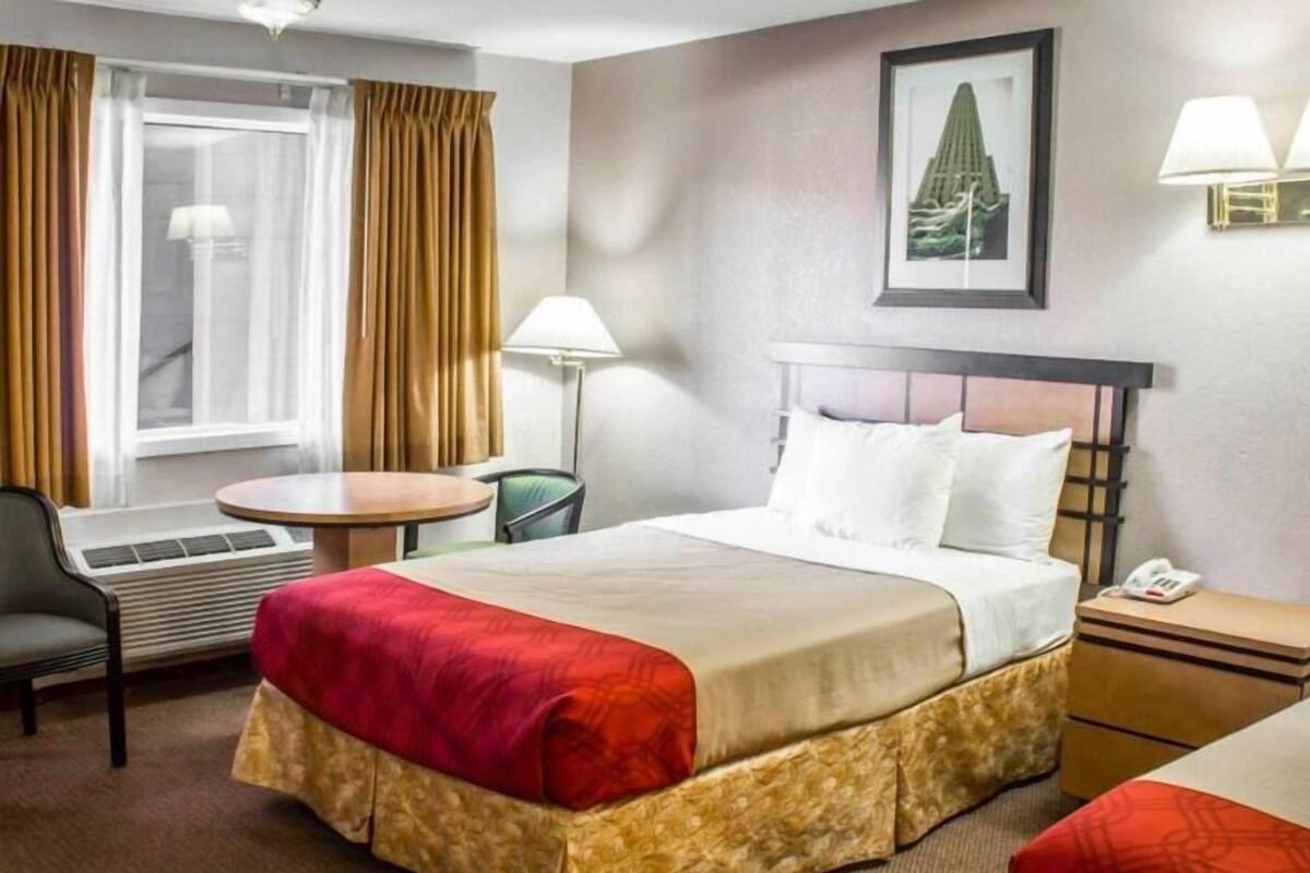 A hotel room with a bed, a chair, a table, a lamp, a phone, and a window with curtains.