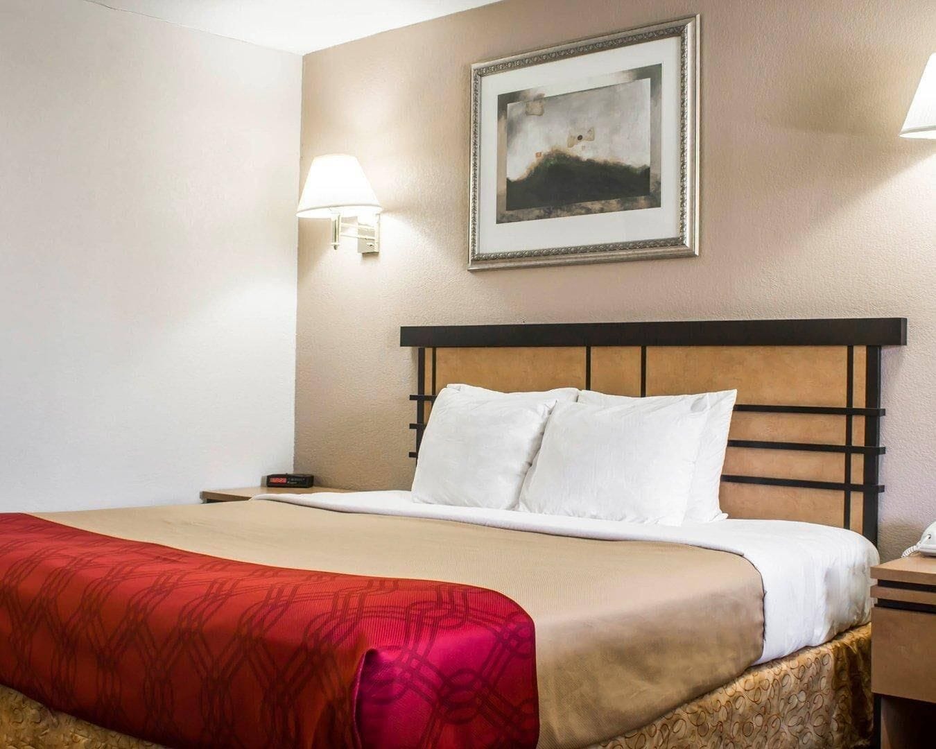 Habitación de hotel con cama, mesita de noche, lámpara, un cuadro en la pared y teléfono.