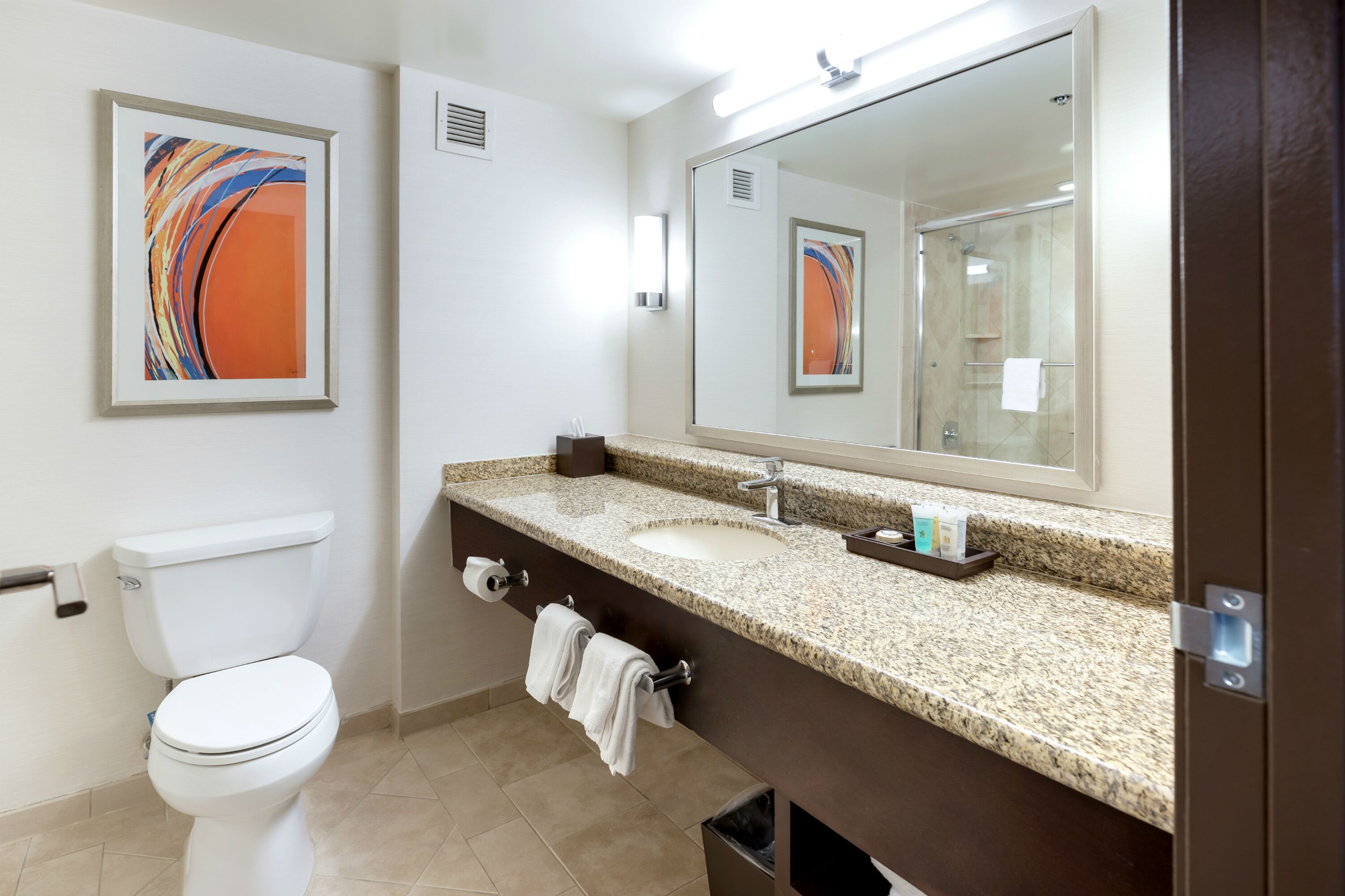 A modern bathroom with a toilet, sink, and mirror.