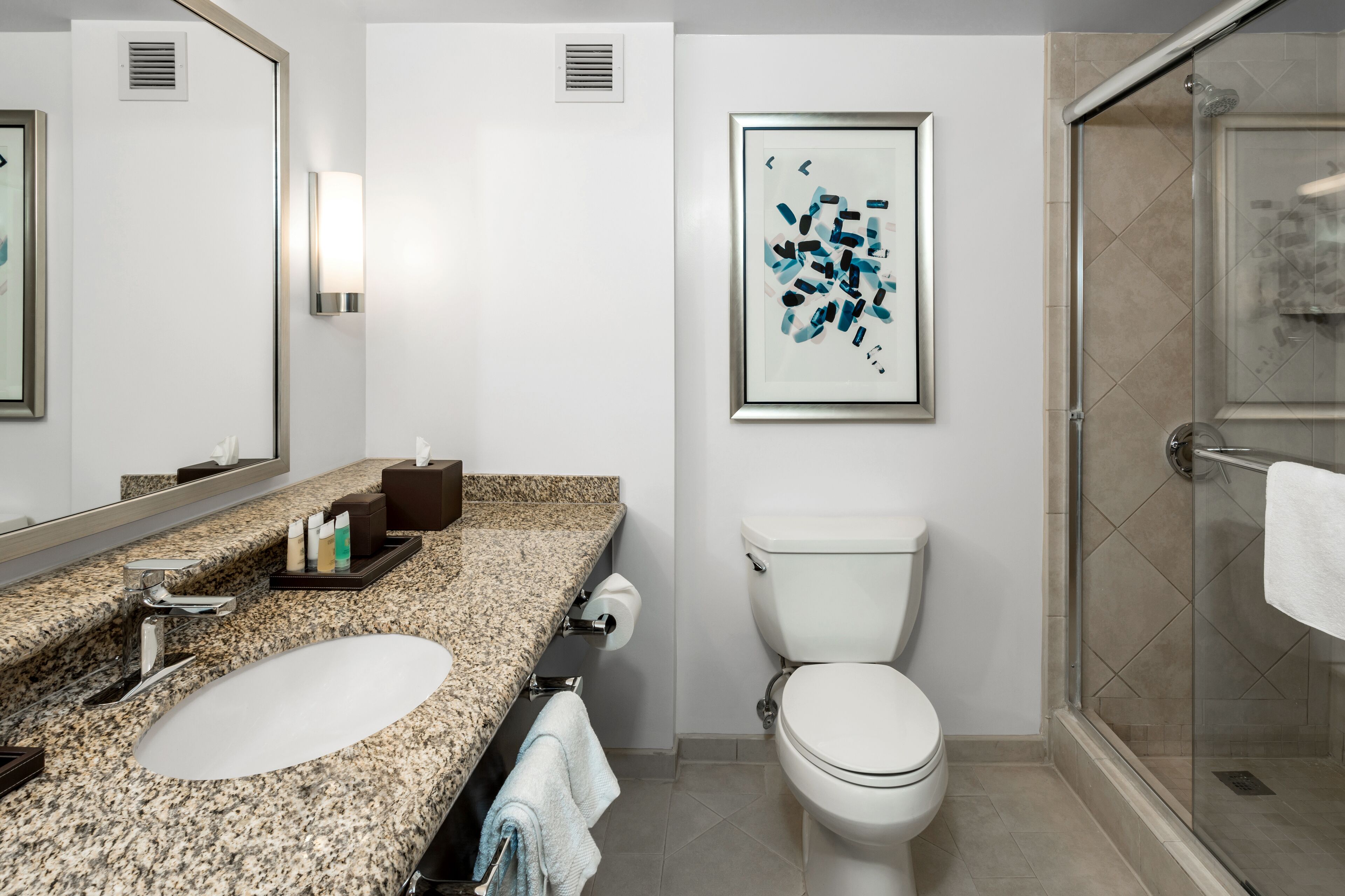 Un baño moderno con encimera de granito, un lavabo blanco, un inodoro y ducha con mampara de vidrio.
