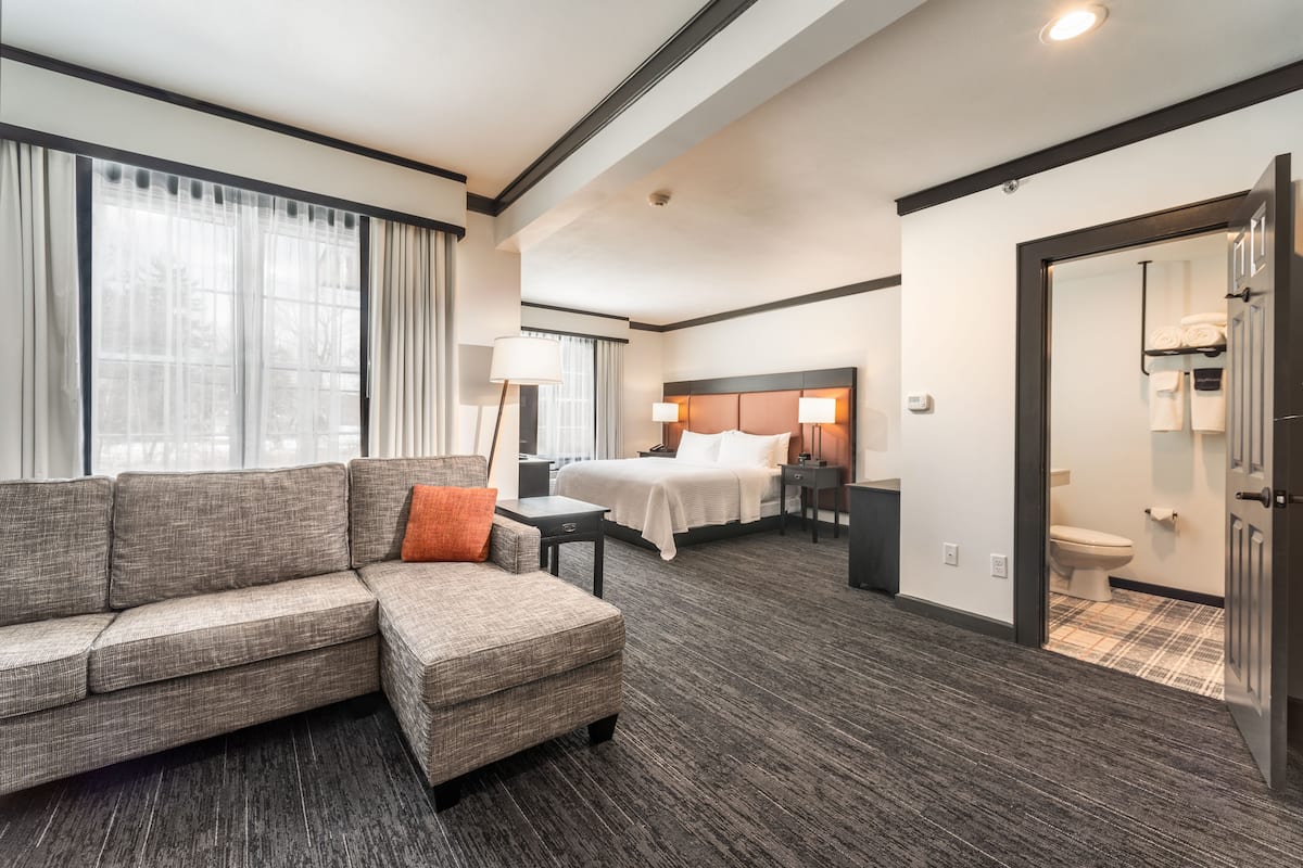 Suite, 1 King Bed | Desk, laptop workspace, blackout drapes, iron/ironing board