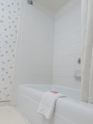 Combined shower/tub, free toiletries, hair dryer, towels