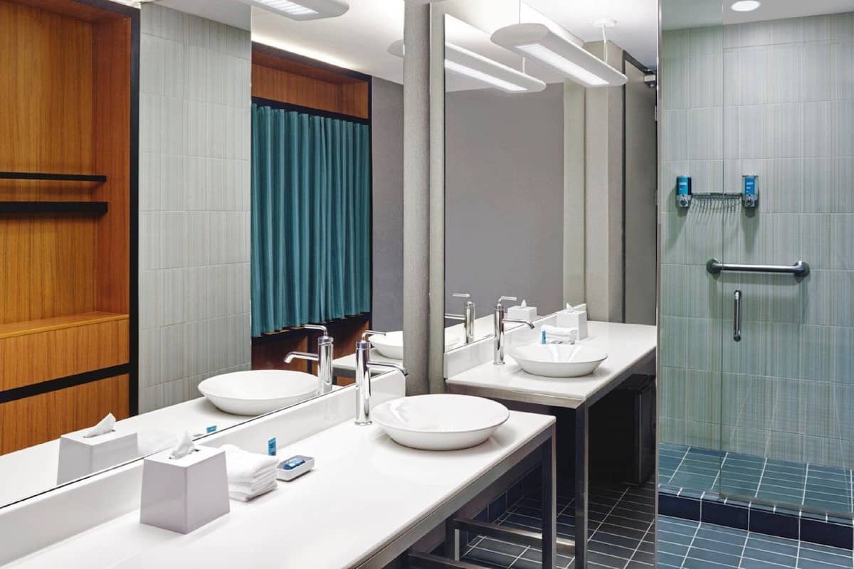 shower, rainfall showerhead, designer toiletries, hair dryer