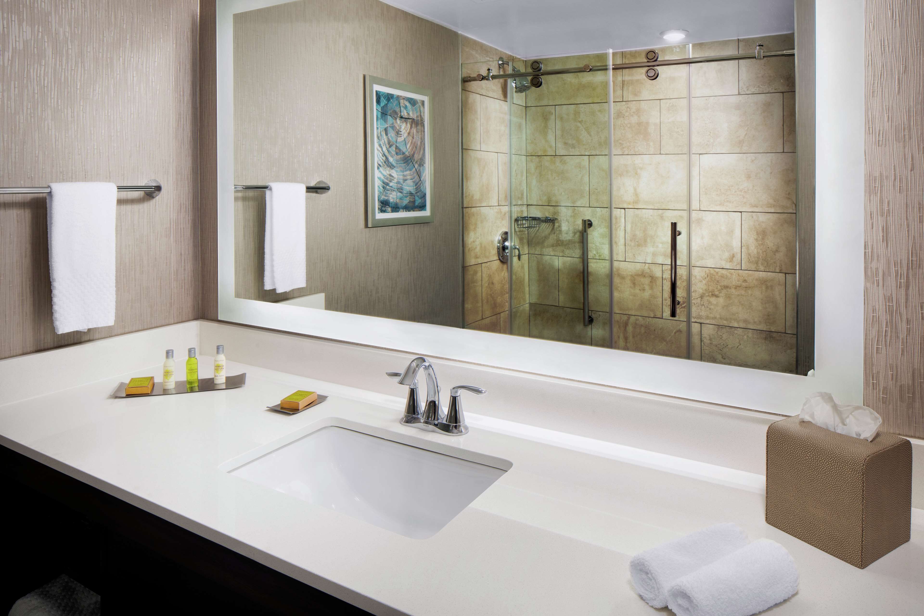 Un baño moderno con un espejo grande, un lavabo con tocador y una zona de ducha.
