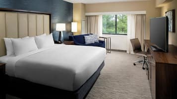 Premium bedding, pillowtop beds, desk, laptop workspace