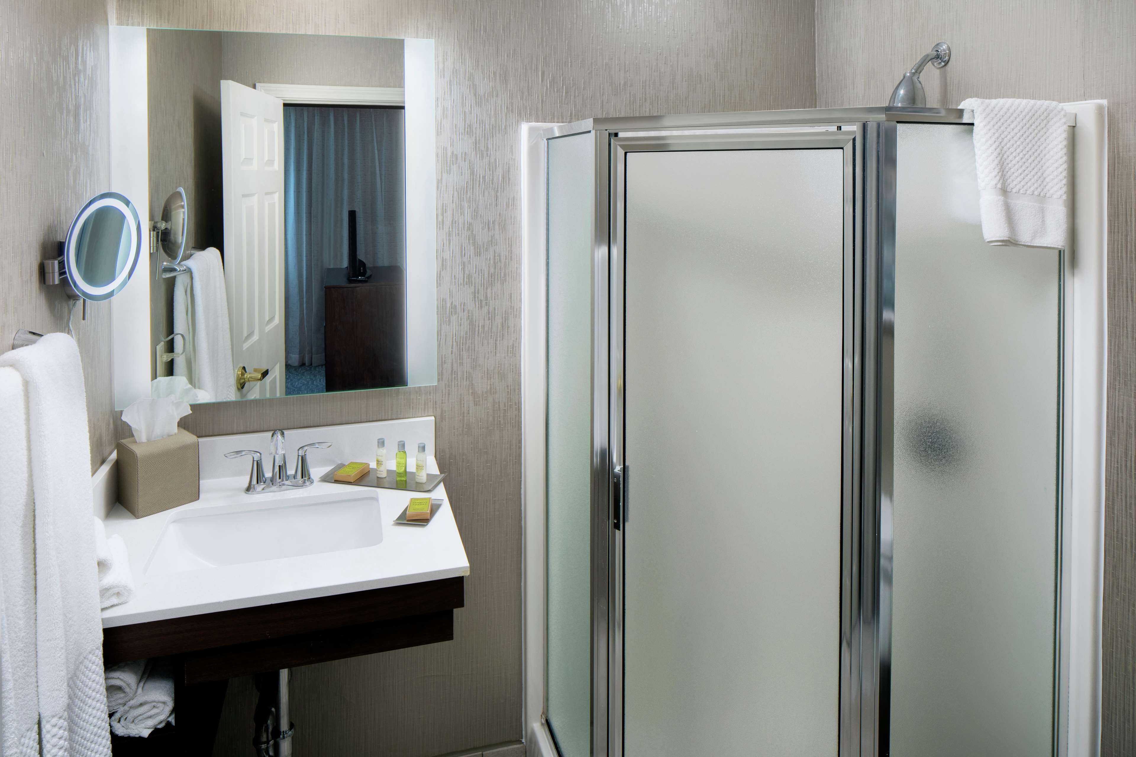 A bathroom with a glass shower enclosure, a sink with a mirror, and a towel rack.