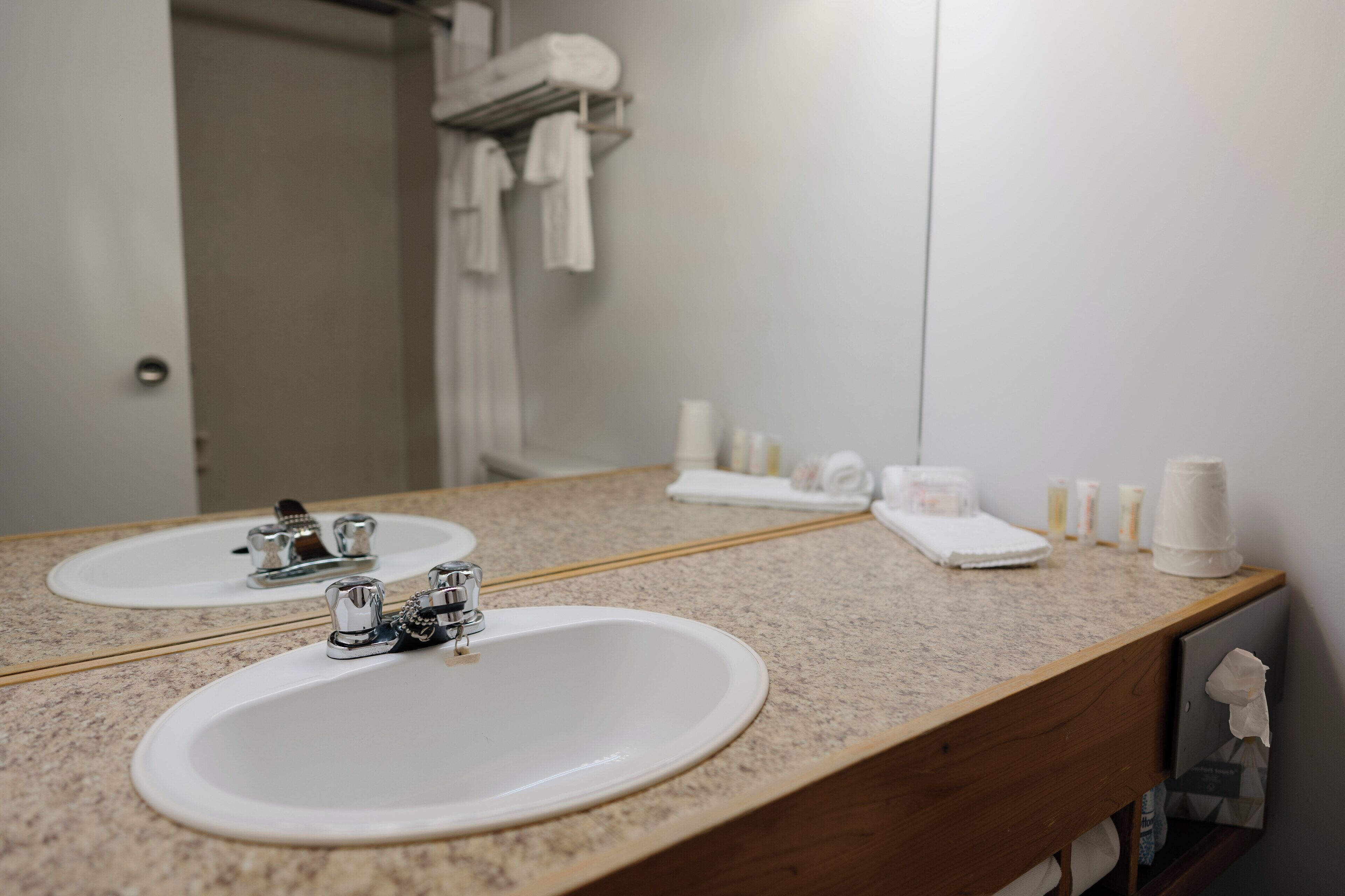 Une salle de bain avec deux lavabos, un miroir et des articles de toilette.
