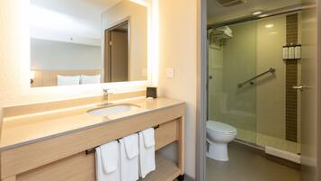 Designer toiletries, hair dryer, towels