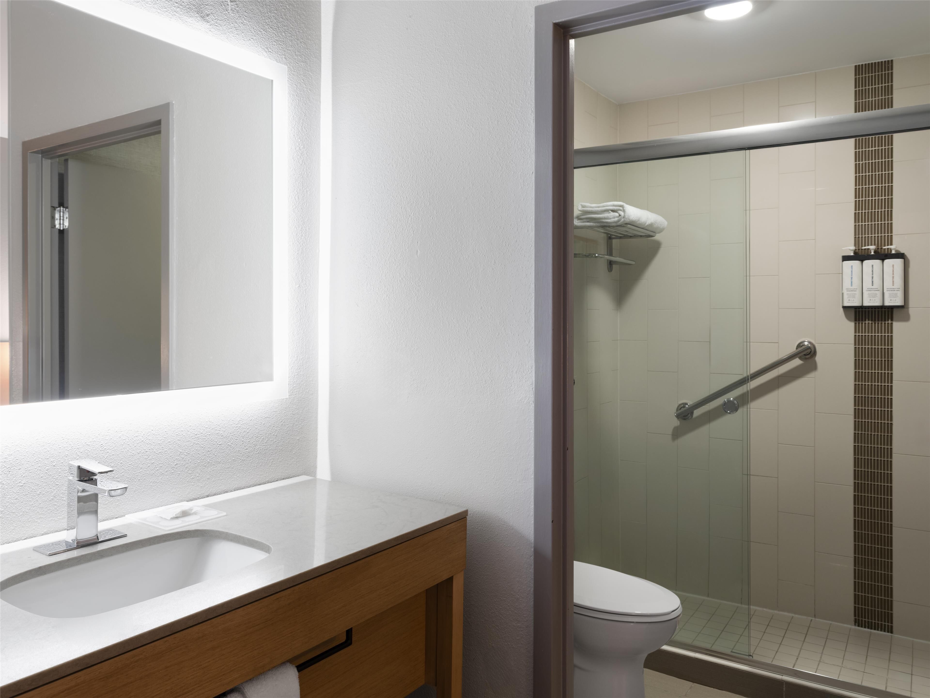 A bathroom with a sink, mirror, and shower area.