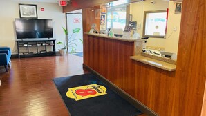Un espace d’accueil comprenant un comptoir de réception en bois, un tapis noir orné d’un logo, un téléviseur et une plante en pot.