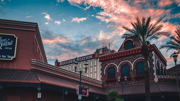A historic building with a sign reading "Boulder Station Arcade."