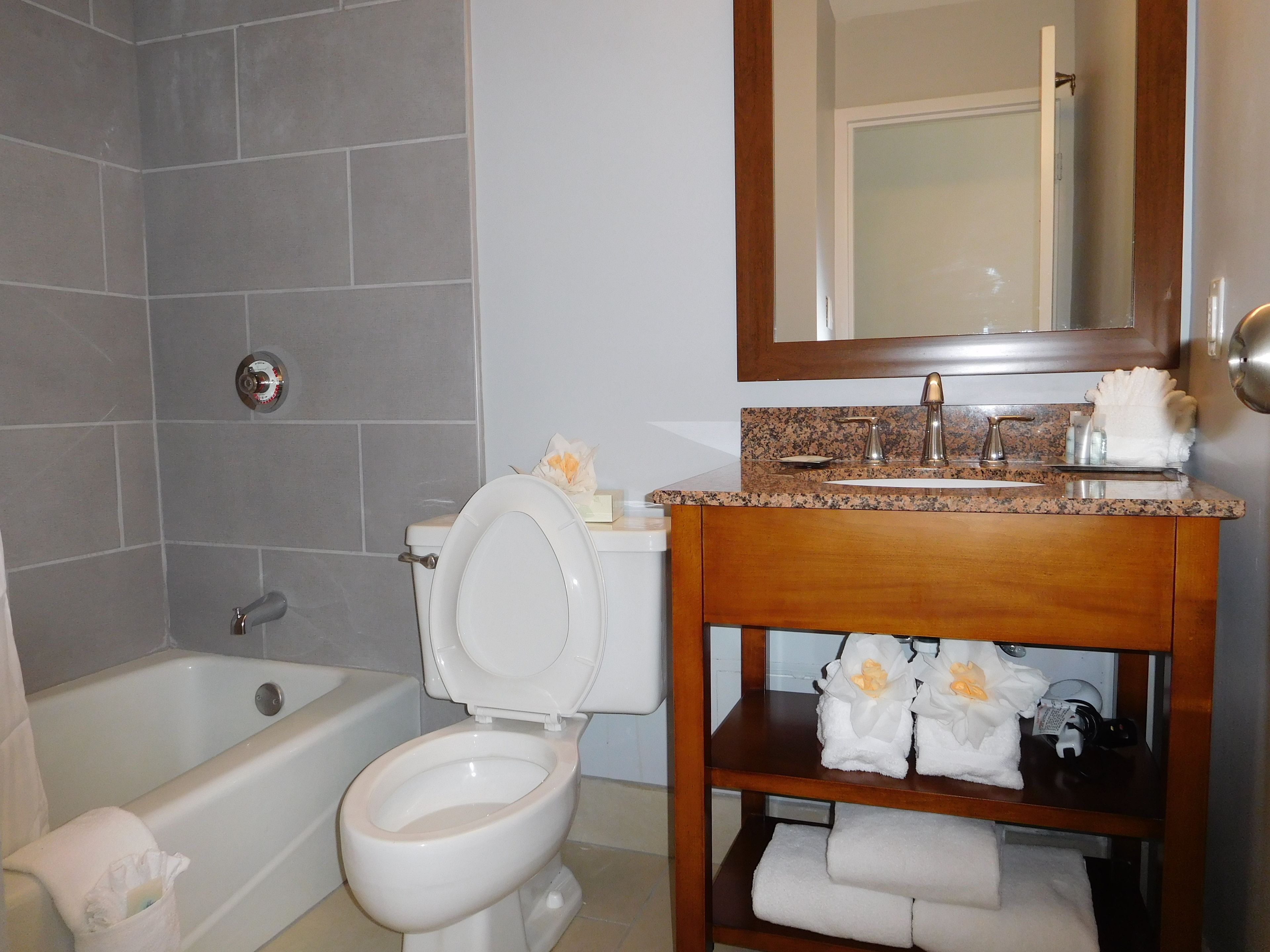 Un baño con bañera, inodoro y tocador con espejo.