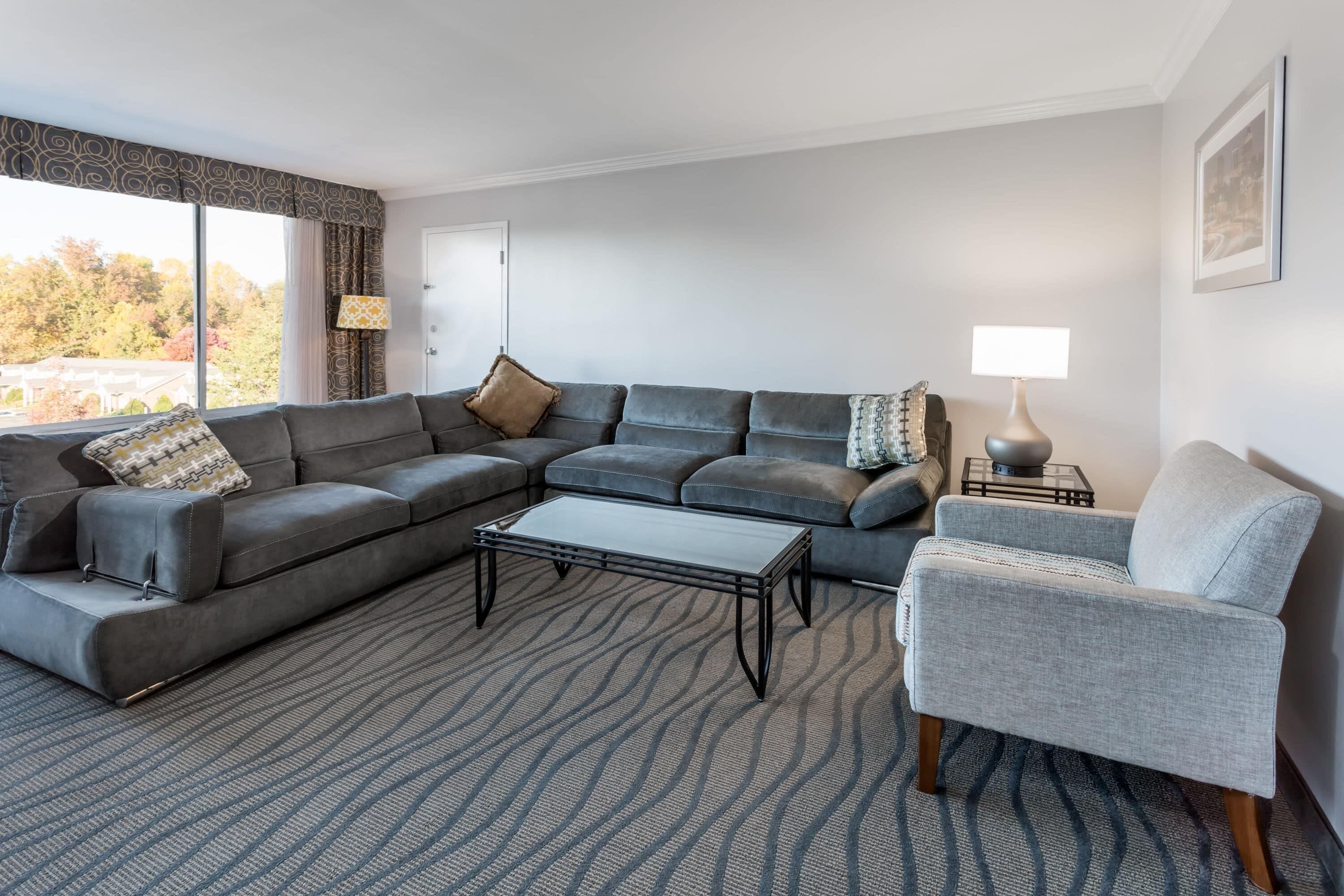 A modern living room with a sectional sofa, a small table, a side chair, a lamp, and a view of trees through large windows.