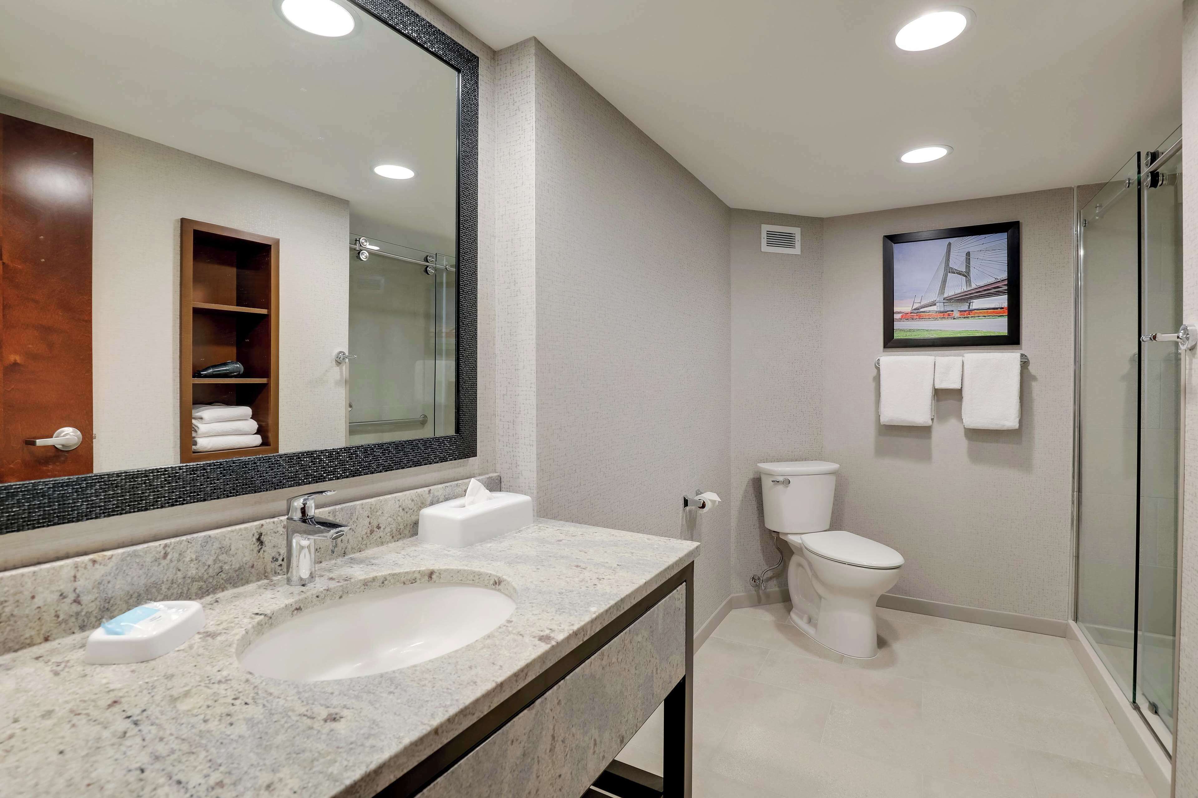 combined shower/bathtub, free toiletries, hair dryer, towels